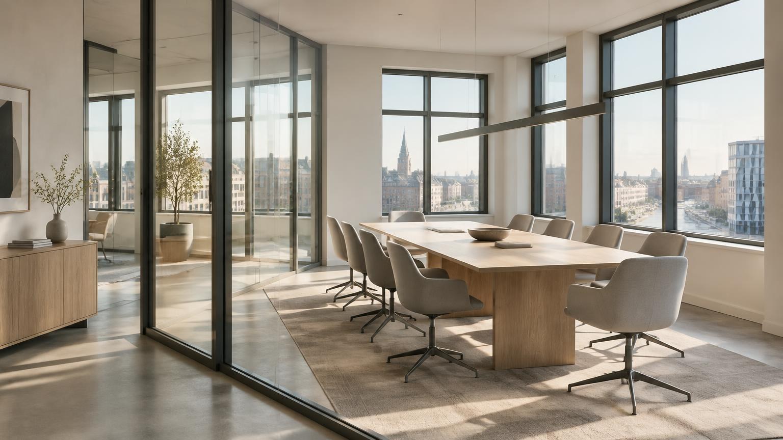 A calm, sunlit meeting space with glass partitions and windows overlooking a European city.