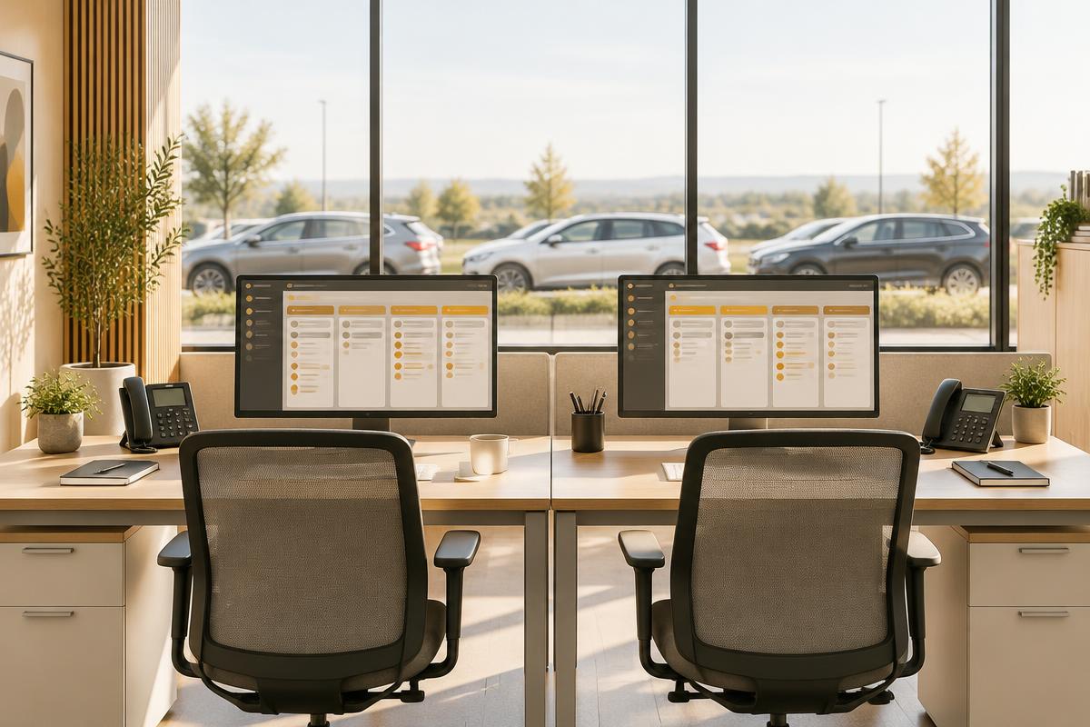 Two dedicated sales workstations with pipeline screens, phones and notebooks in a bright automotive office.