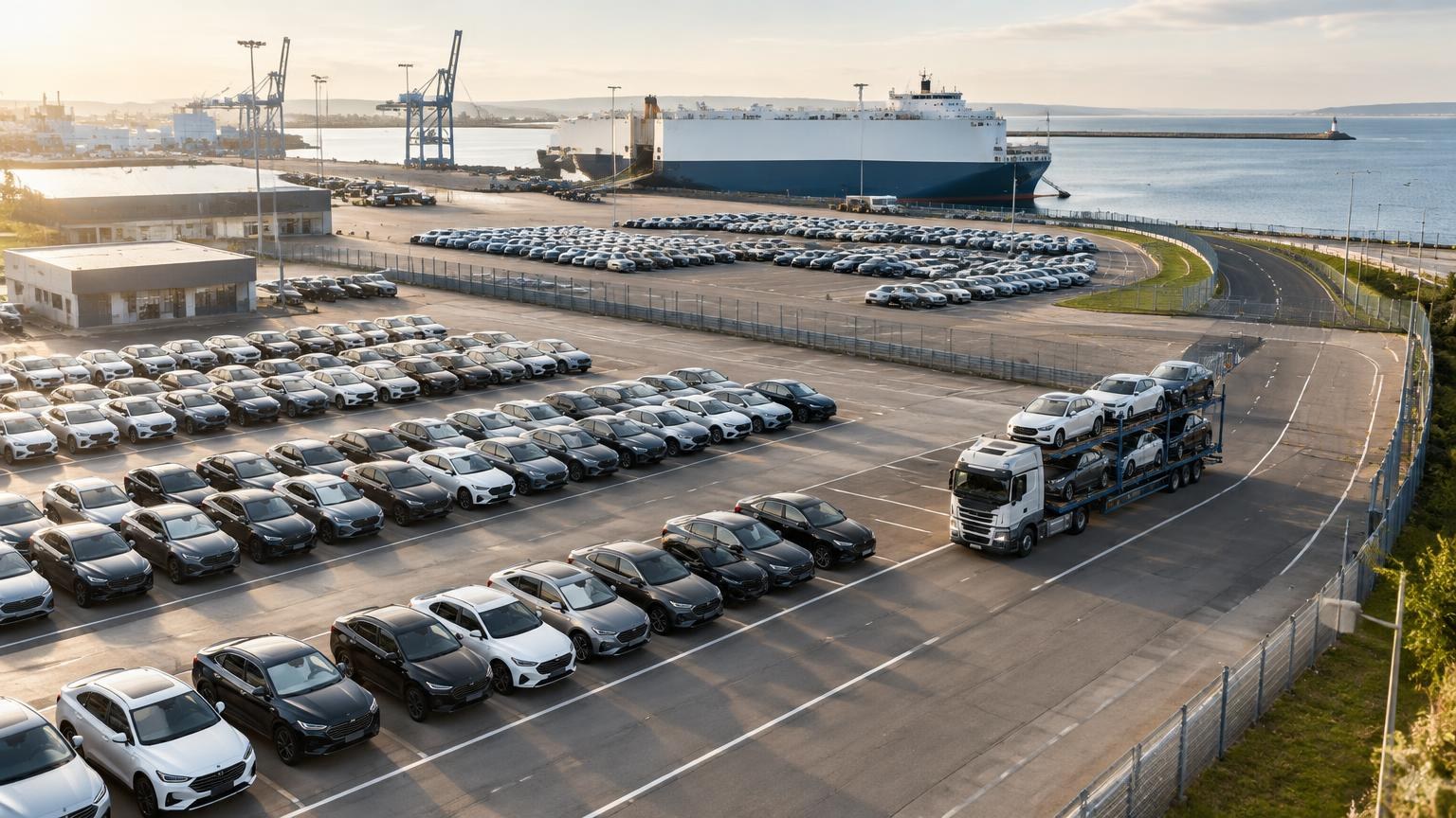 Vehicle stock and a loaded car transporter at a European port beside a vehicle carrier ship.