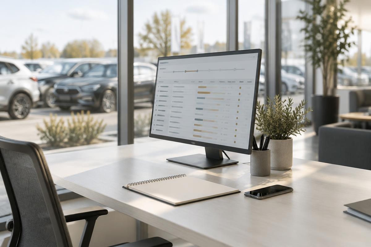 A pipeline screen, phone and notebook on a bright office desk overlooking dealer stock.